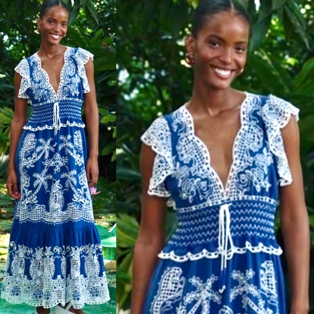 🌺🎉HP🎉🌺 NWT Farm Rio Blue Romantic Richelieu Embroidered Maxi Dress
